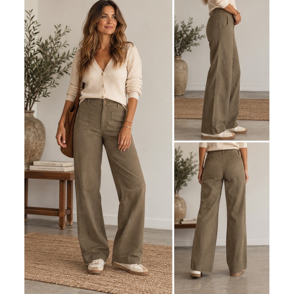 J. Jill Wide Leg Trousers Women 8 Brown Cotton Linen Patch Pocket Minimalist PTO